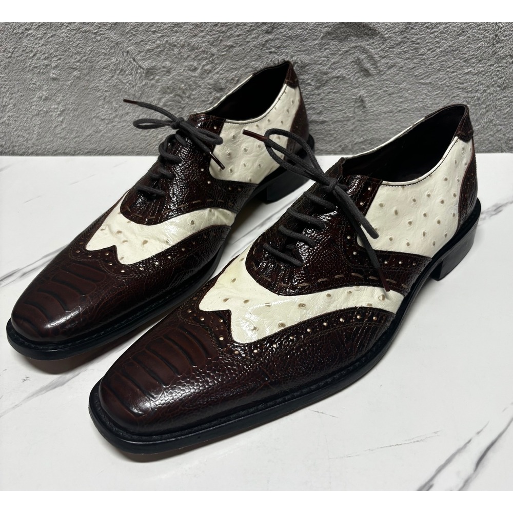 Stacy Adams Wingtip Oxford Mens 10 Brown Cream Excellent Ostrich Croc Embossed